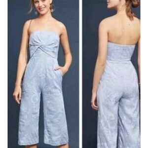 Aijek Anthro Natalie Baby Blue Floral Lace Strapless Capri Silk Blend Jumpsuit 2
